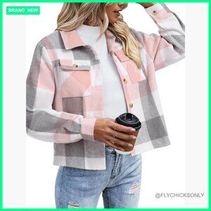 Flannel Cropped Shacket Jacket Plaid Button Down Casual Loose Fit
